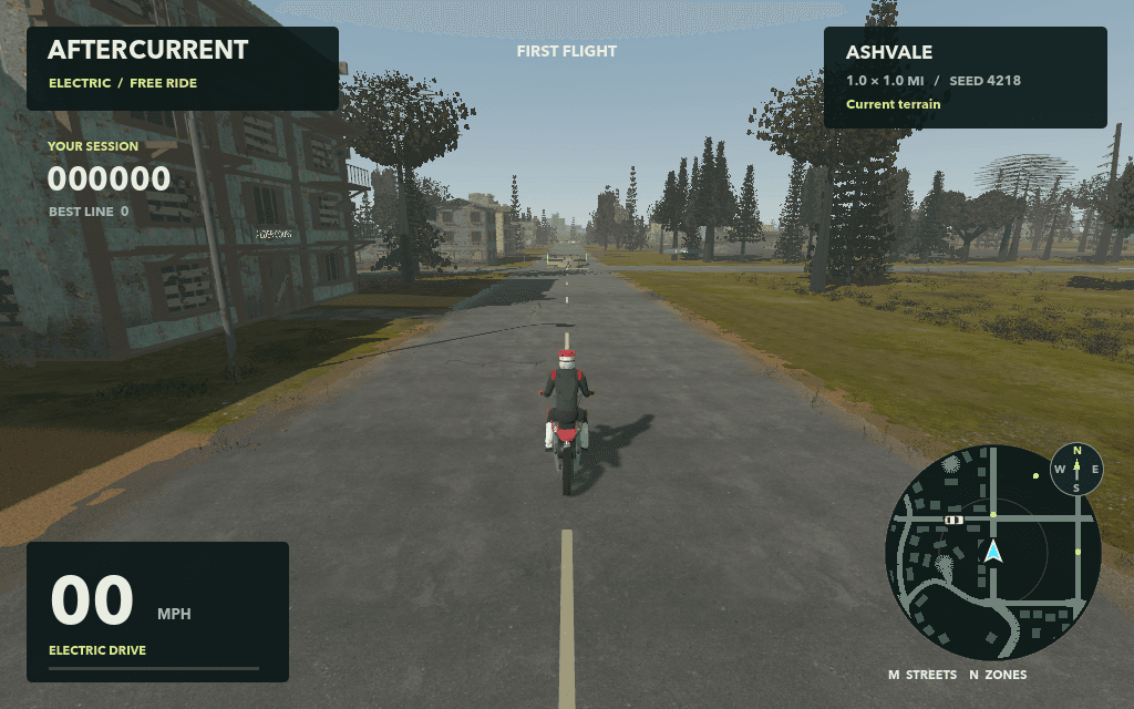Aftercurrent rider on a red electric motocross bike facing an abandoned city street, with the riding HUD and minimap