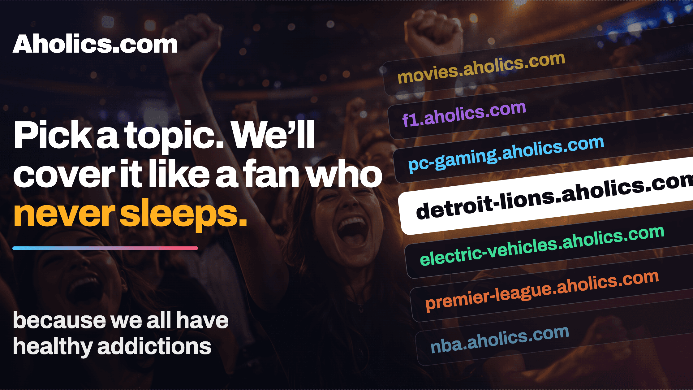 Aholics.com tagline over cheering fans beside a list of enthusiast community domains